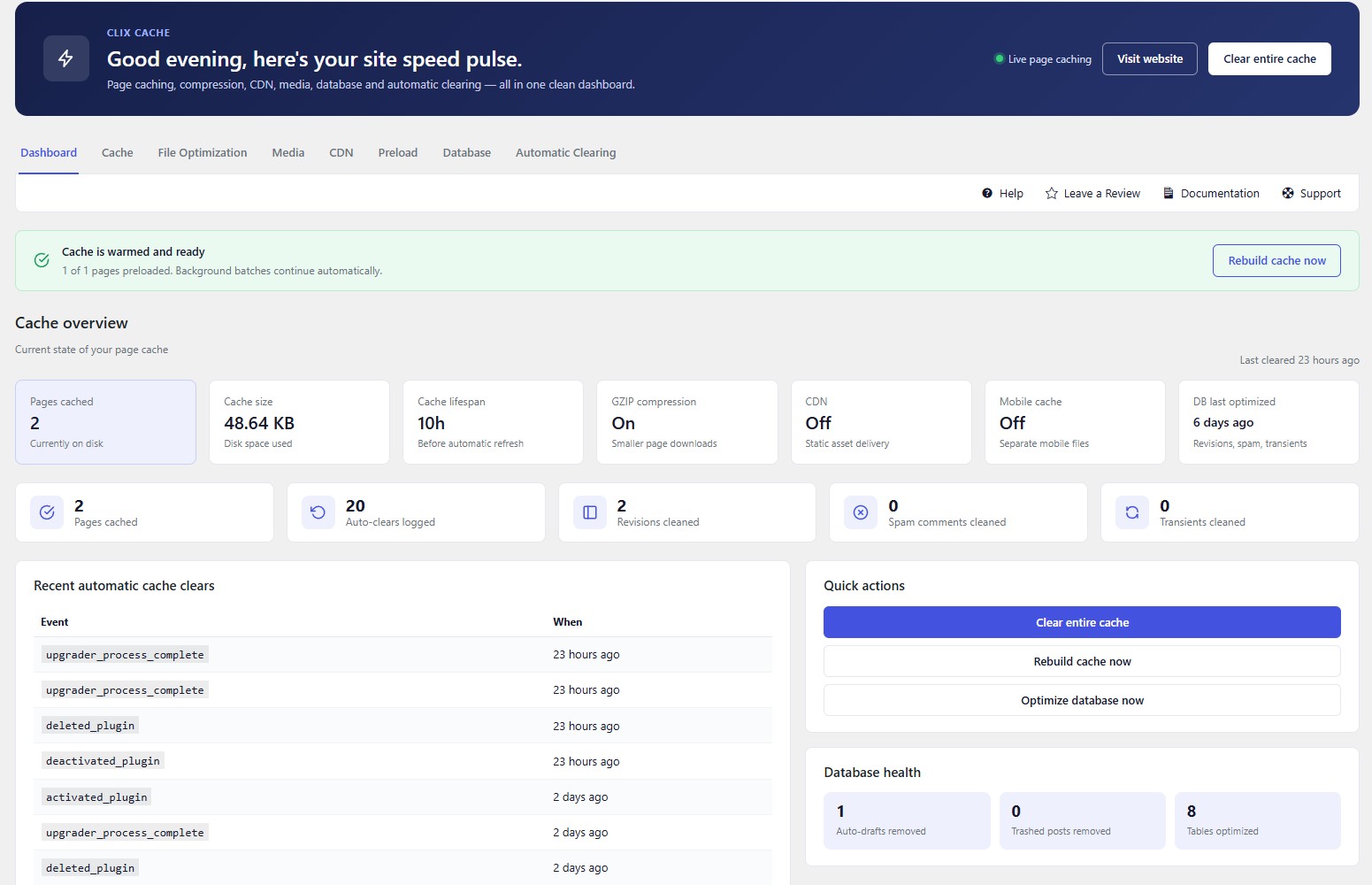Clix Cache dashboard: cache overview, cache status, database health and recent automatic cache clears